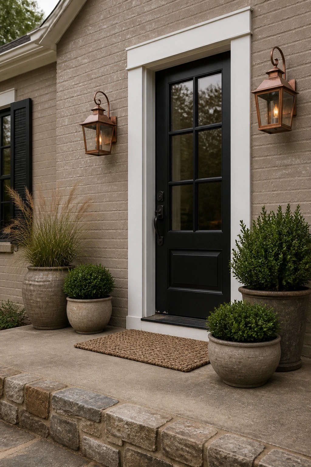 House exterior with warm greige siding and black door.