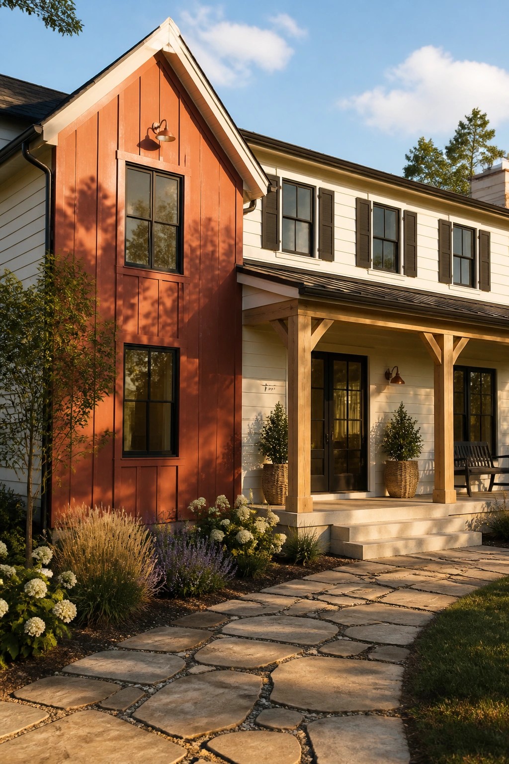 Red terracotta siding on a modern farmhouse exterior with white trim and a stone walkway.