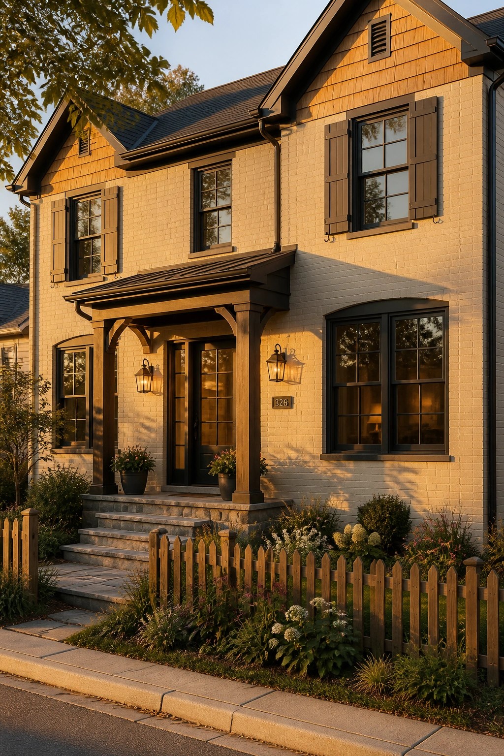 A modern farmhouse exterior with warm white painted brick siding.