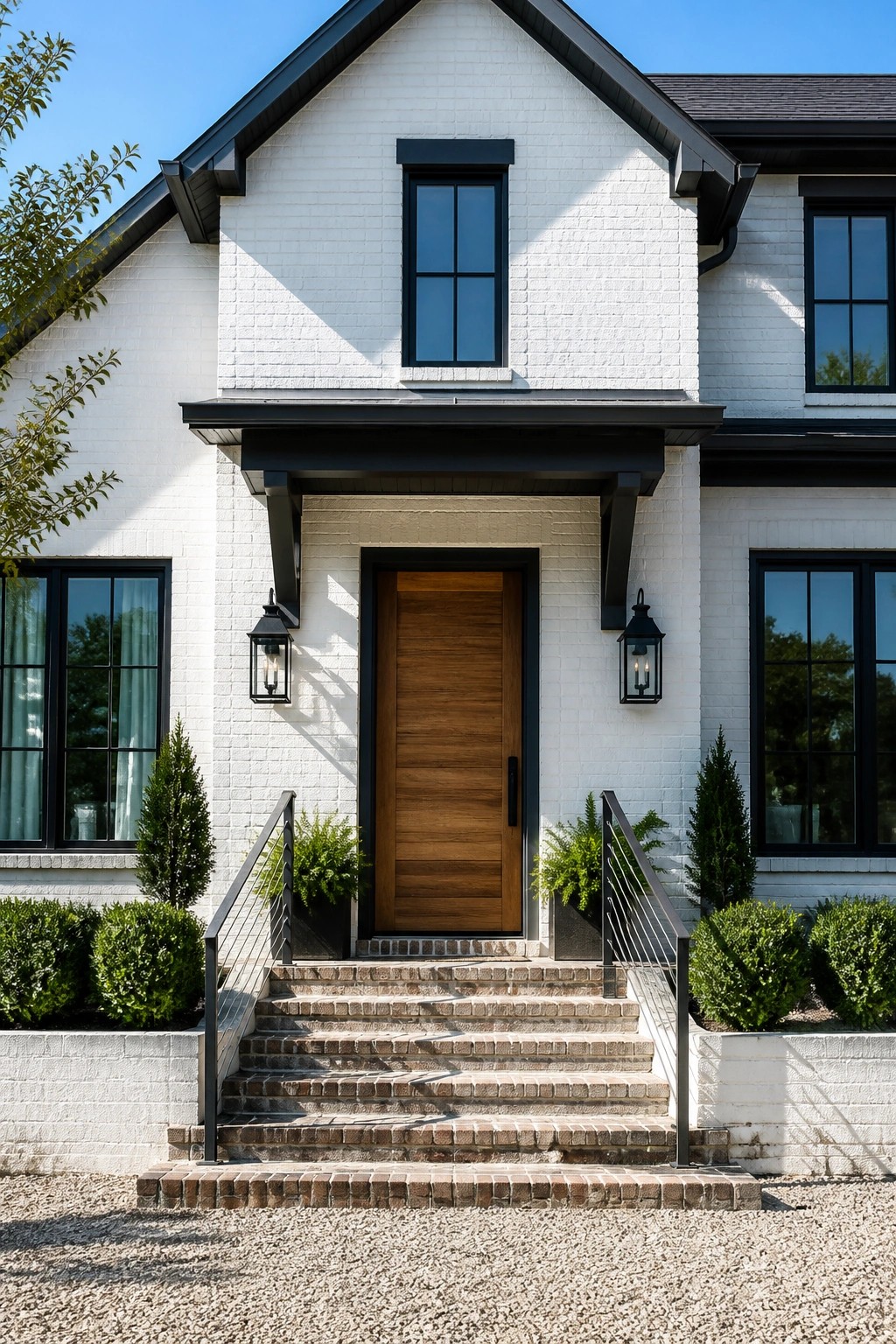White brick house with wooden door, black trim, stone steps, and lanterns.