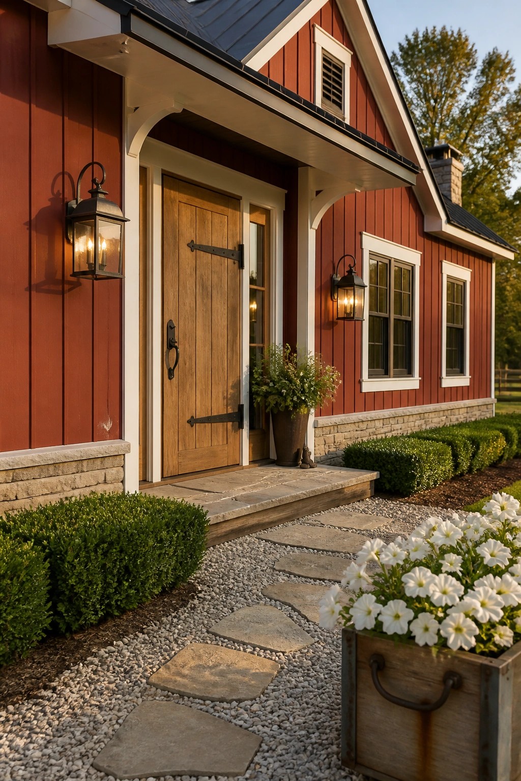 Red house entrance with wooden door, glowing lanterns, potted plants, and stone path.
