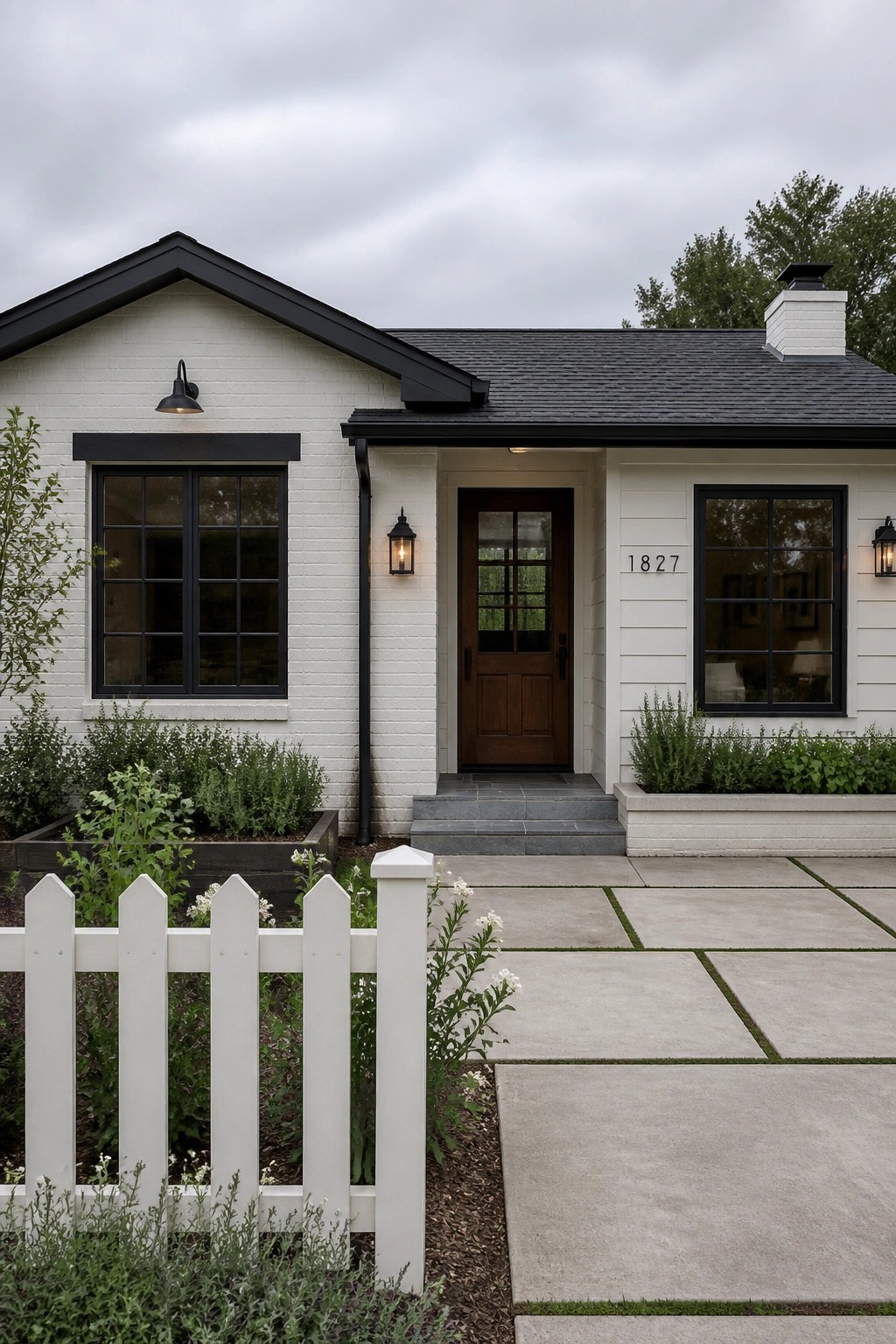 A modern farmhouse ranch home with bright white painted brick and siding.