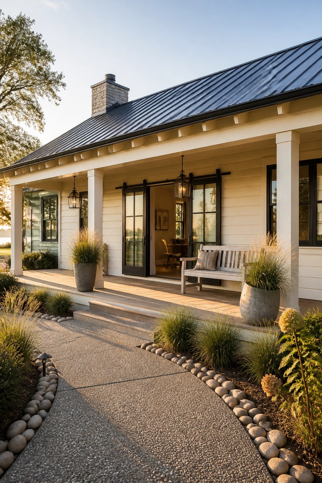 Modern farmhouse ranch exterior with creamy white siding and black windows.