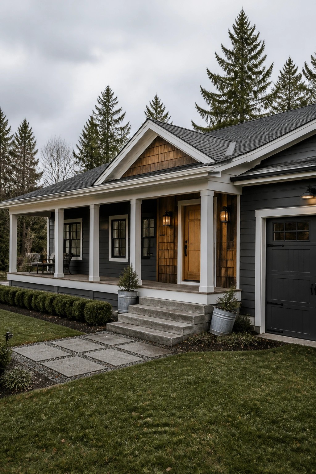 Dark gray siding on a modern farmhouse ranch with white trim and a wood front door.