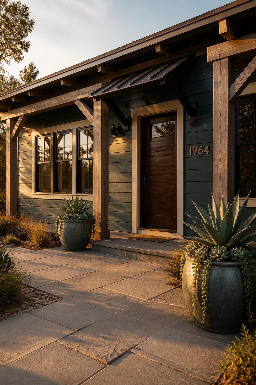 Teal house entrance with dark wood door, large potted succulents, and stone pathway in warm light.
