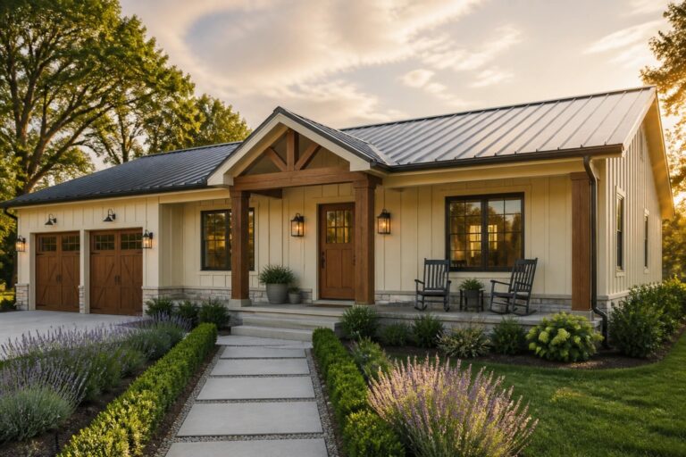Warm white siding covers the exterior of this modern farmhouse ranch home.