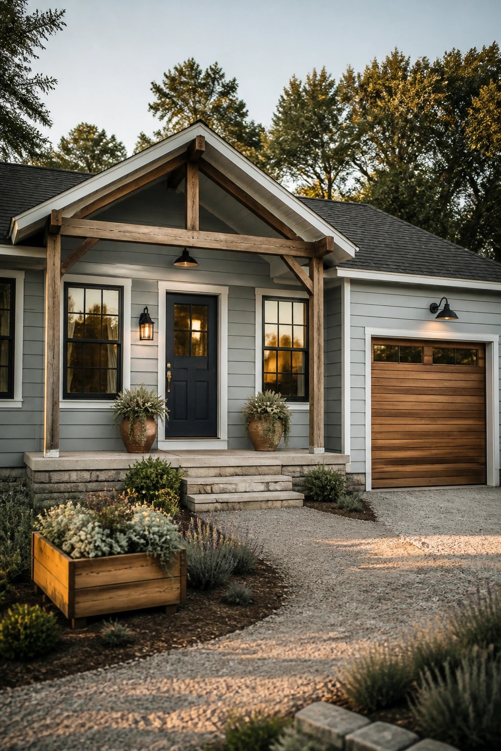 Gray house with wooden porch, navy door, garage, and gravel driveway at dusk