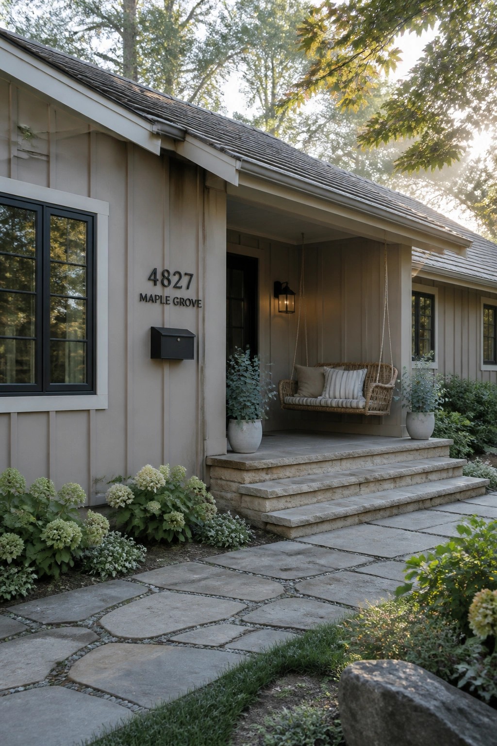 Ranch home exterior with soft greige siding and stone steps.
