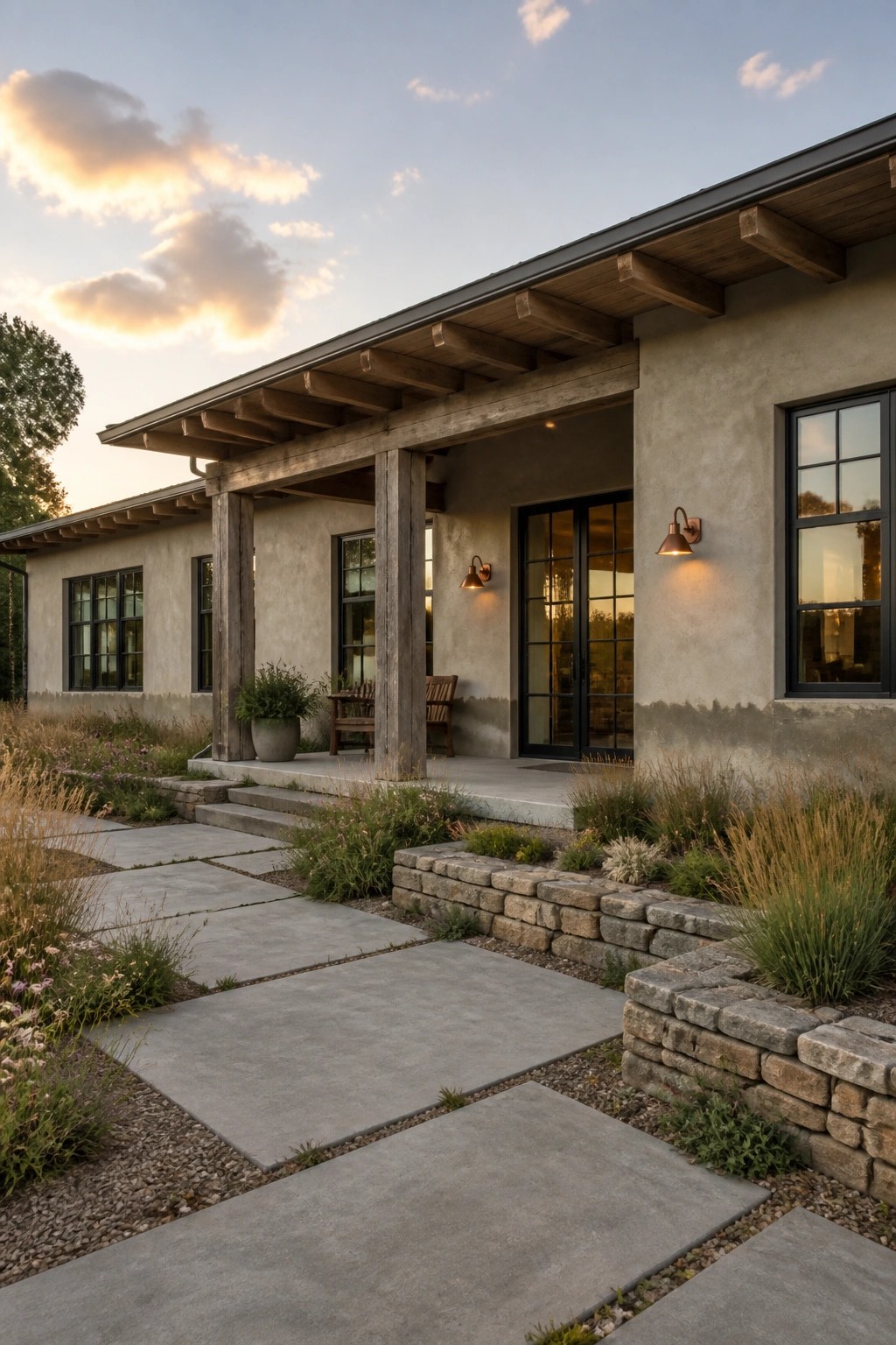 Modern house porch with wooden beams, stone walls, concrete path, and dusk lighting.