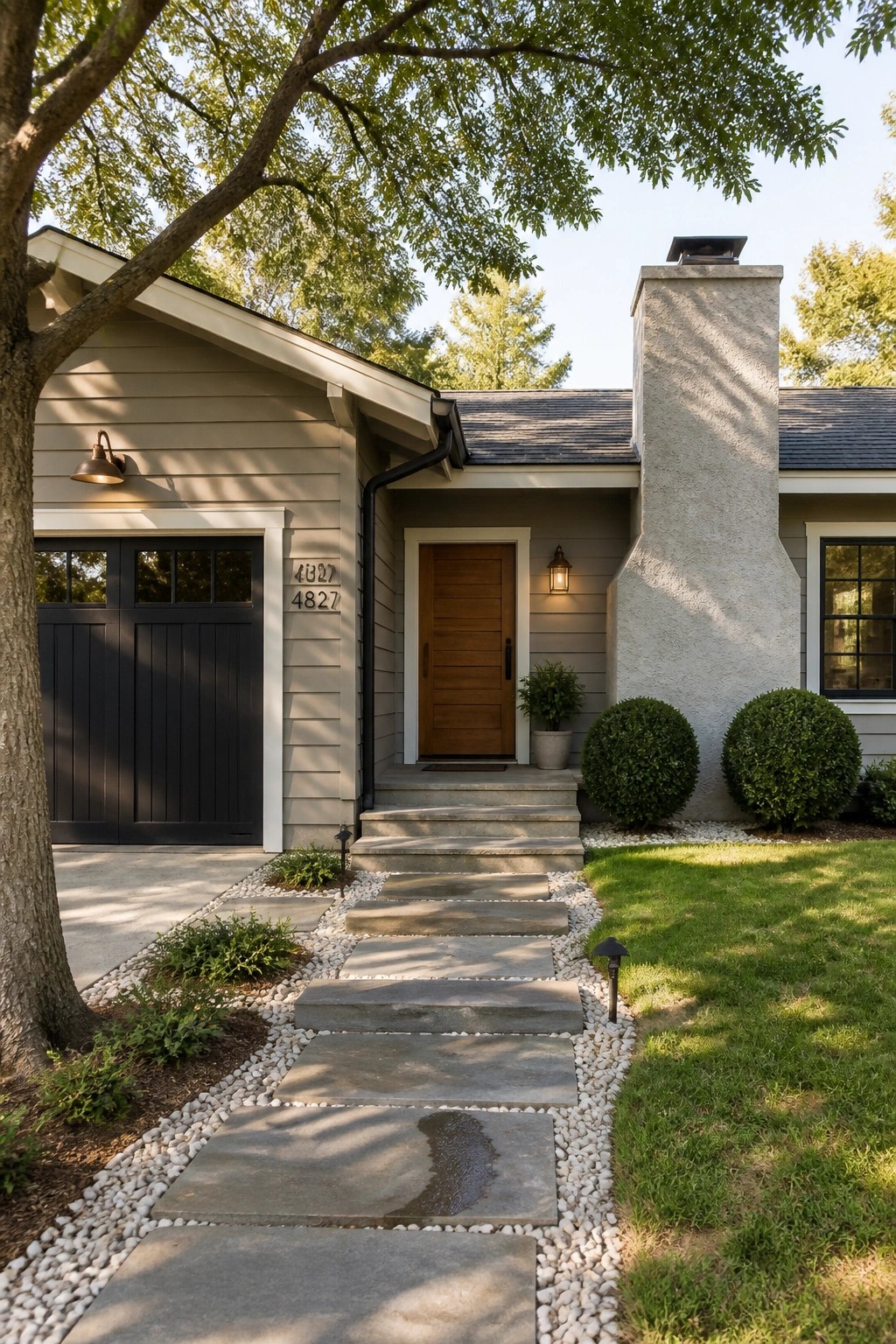 Light greige siding covers the exterior of this modern farmhouse ranch.