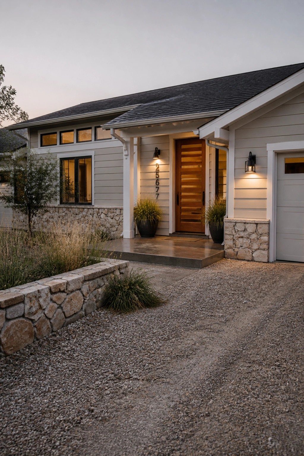 Light greige siding on a modern ranch home with stone accents.