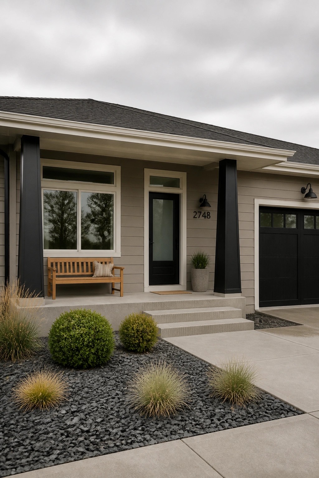 A modern ranch home with soft greige siding and black trim details.