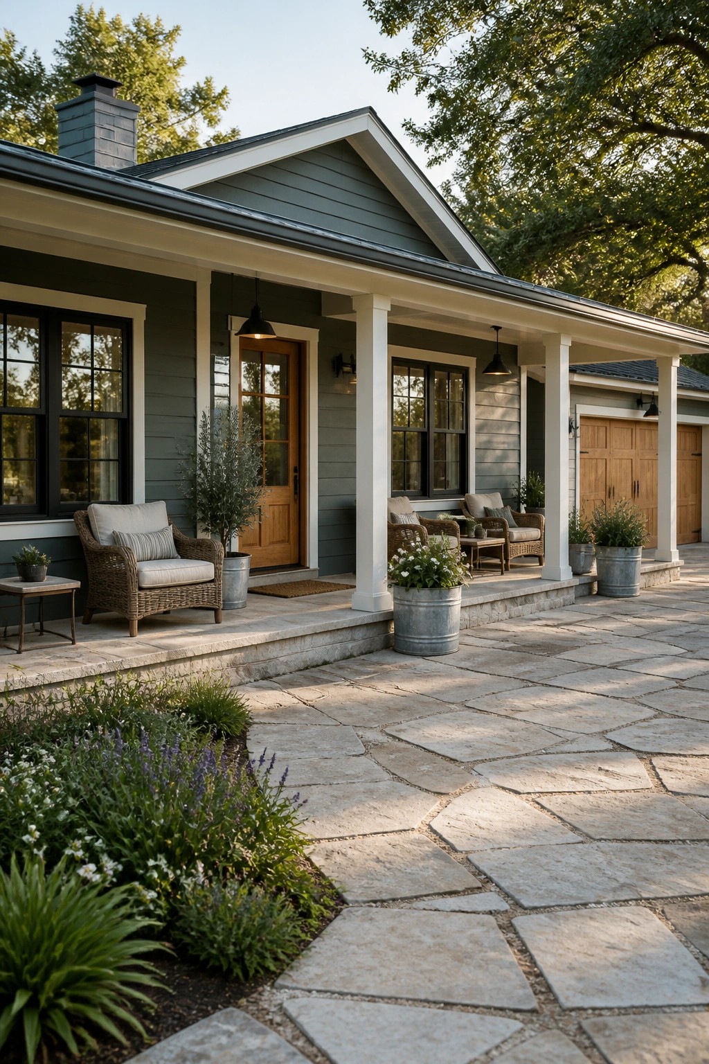 Ranch home exterior with soft sage gray siding and white trim.
