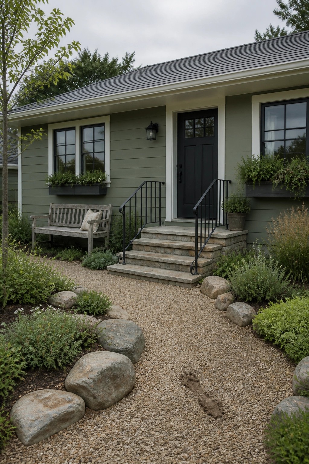 A ranch house exterior painted in soft sage green siding with stone steps and gravel leading to the front door.