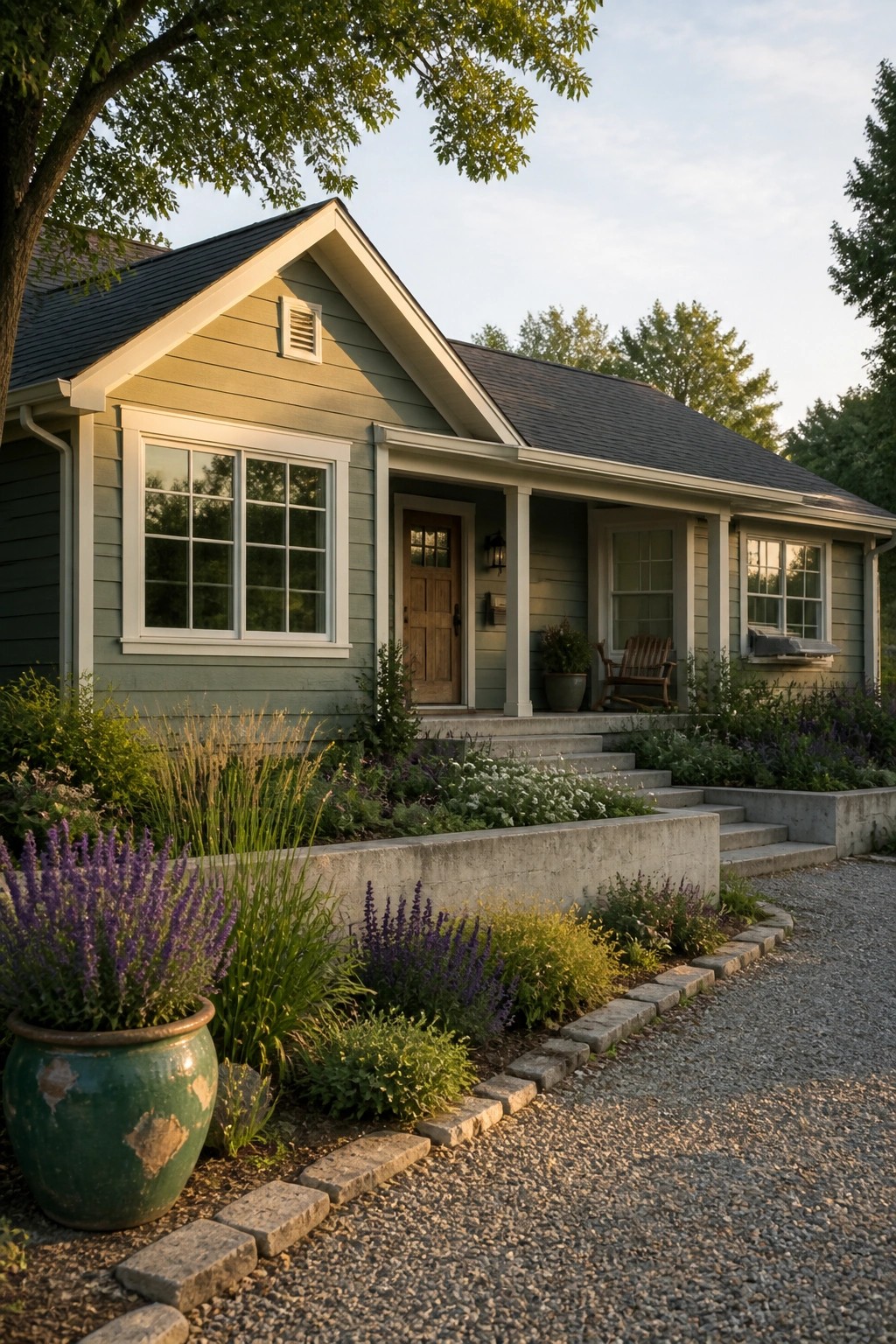 A ranch home with soft sage green siding and white trim.