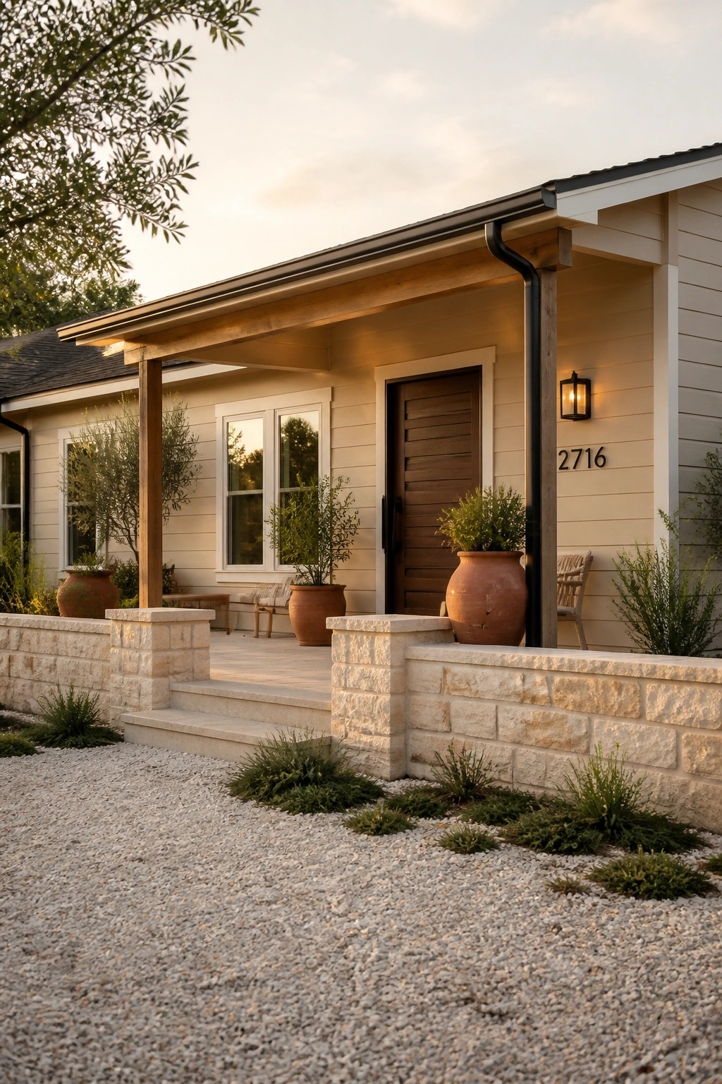Light greige siding on a modern ranch house with wood beams and a stone wall base.