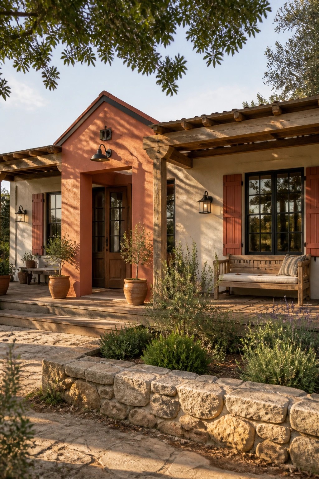 A ranch house exterior painted in warm terracotta with wood trim and a stone foundation.