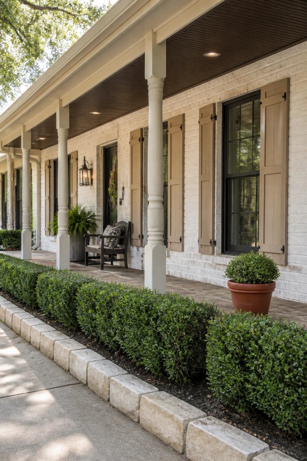A ranch home exterior with warm white painted brick and white porch columns.