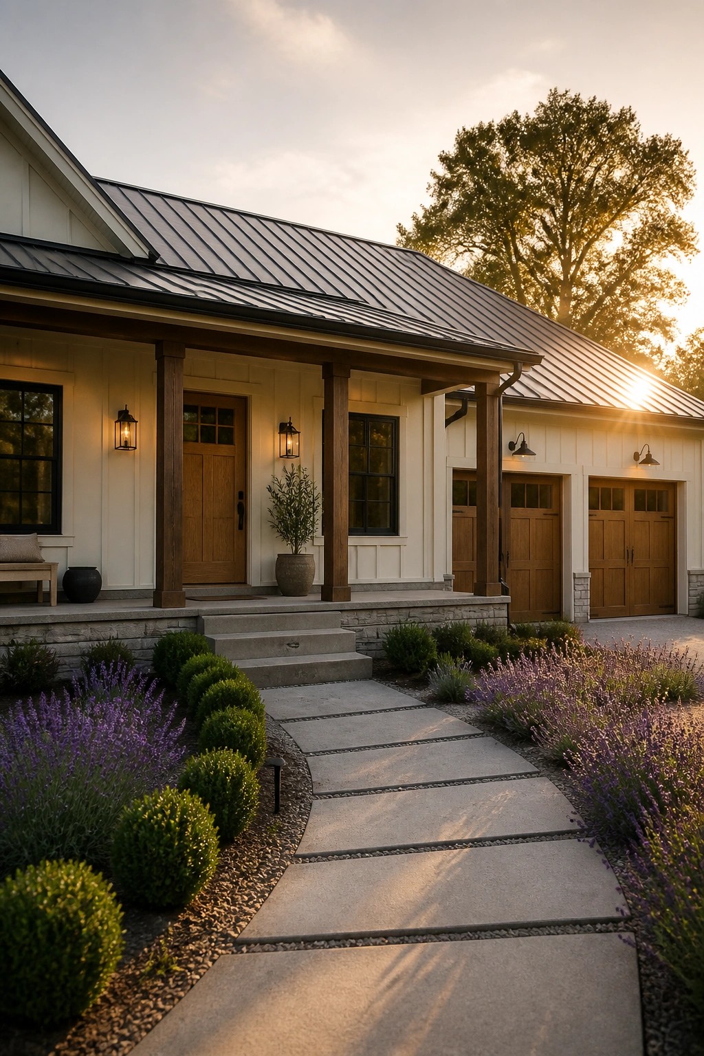 Warm white siding covers the exterior of this modern farmhouse ranch home.