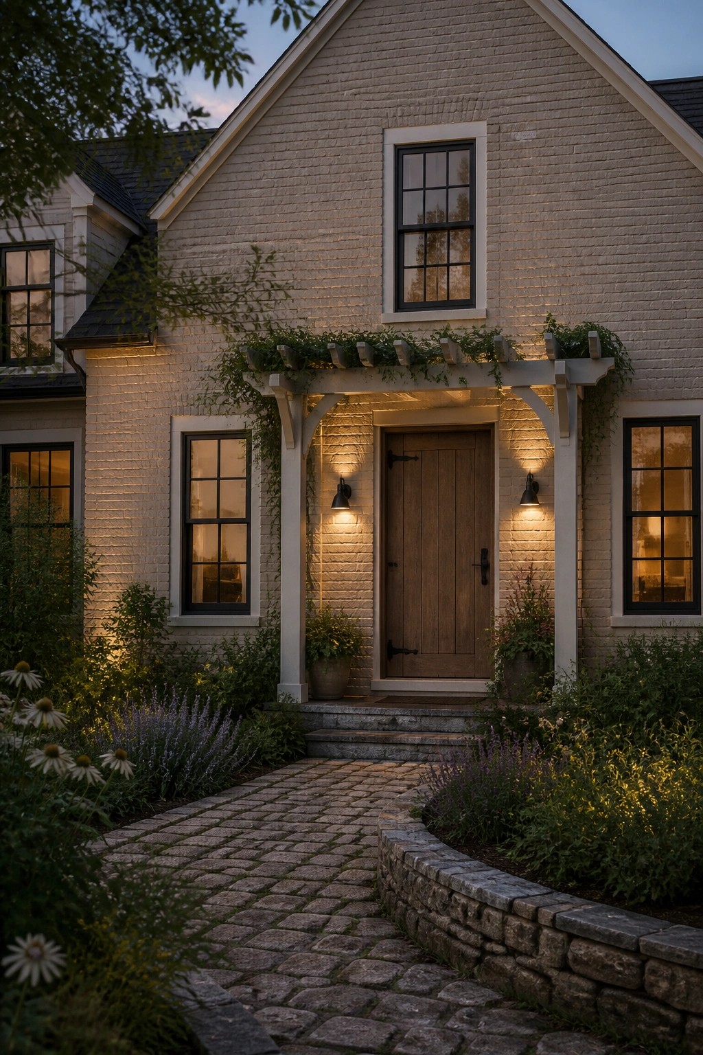 White brick house with wooden door, lit sconces, cobblestone path, and garden at dusk.