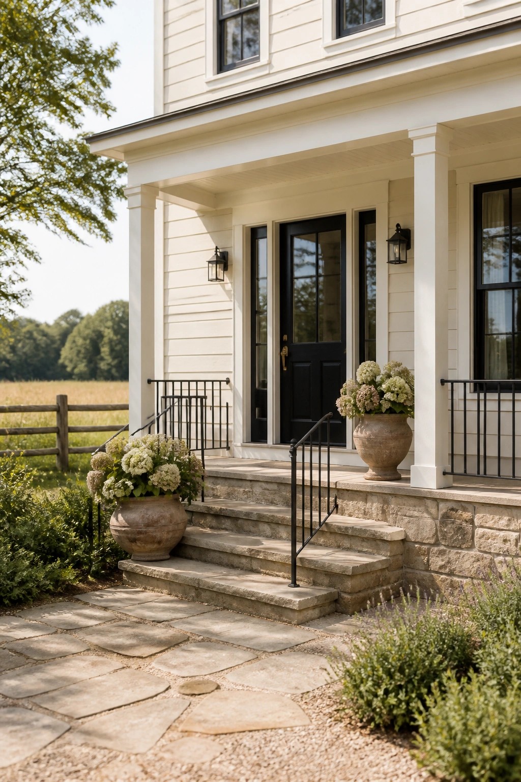 A farmhouse exterior with warm creamy white siding and black trim.