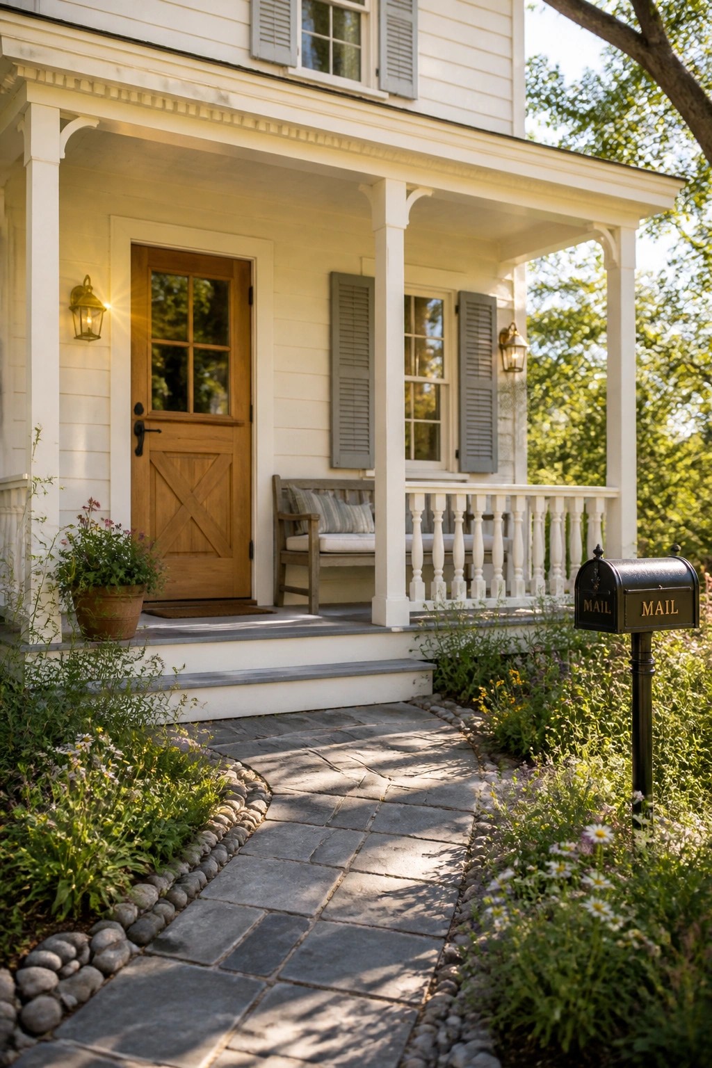 Warm white siding covers the exterior of this farmhouse.