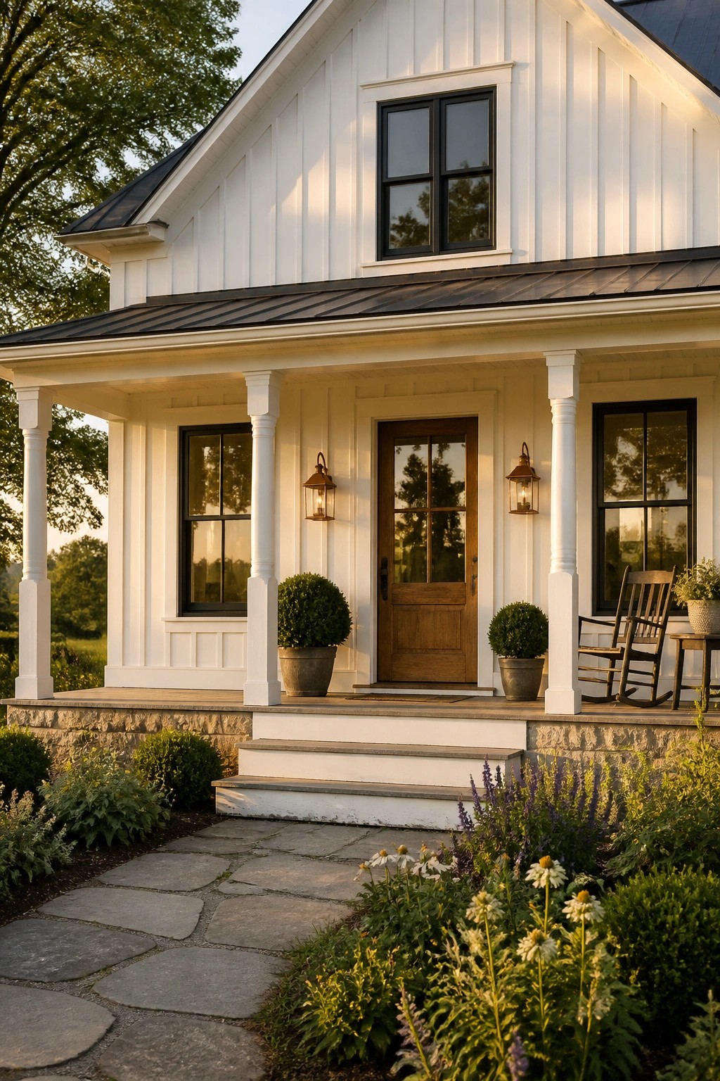 White siding covers the exterior of this farmhouse with black-framed windows and a wooden door.