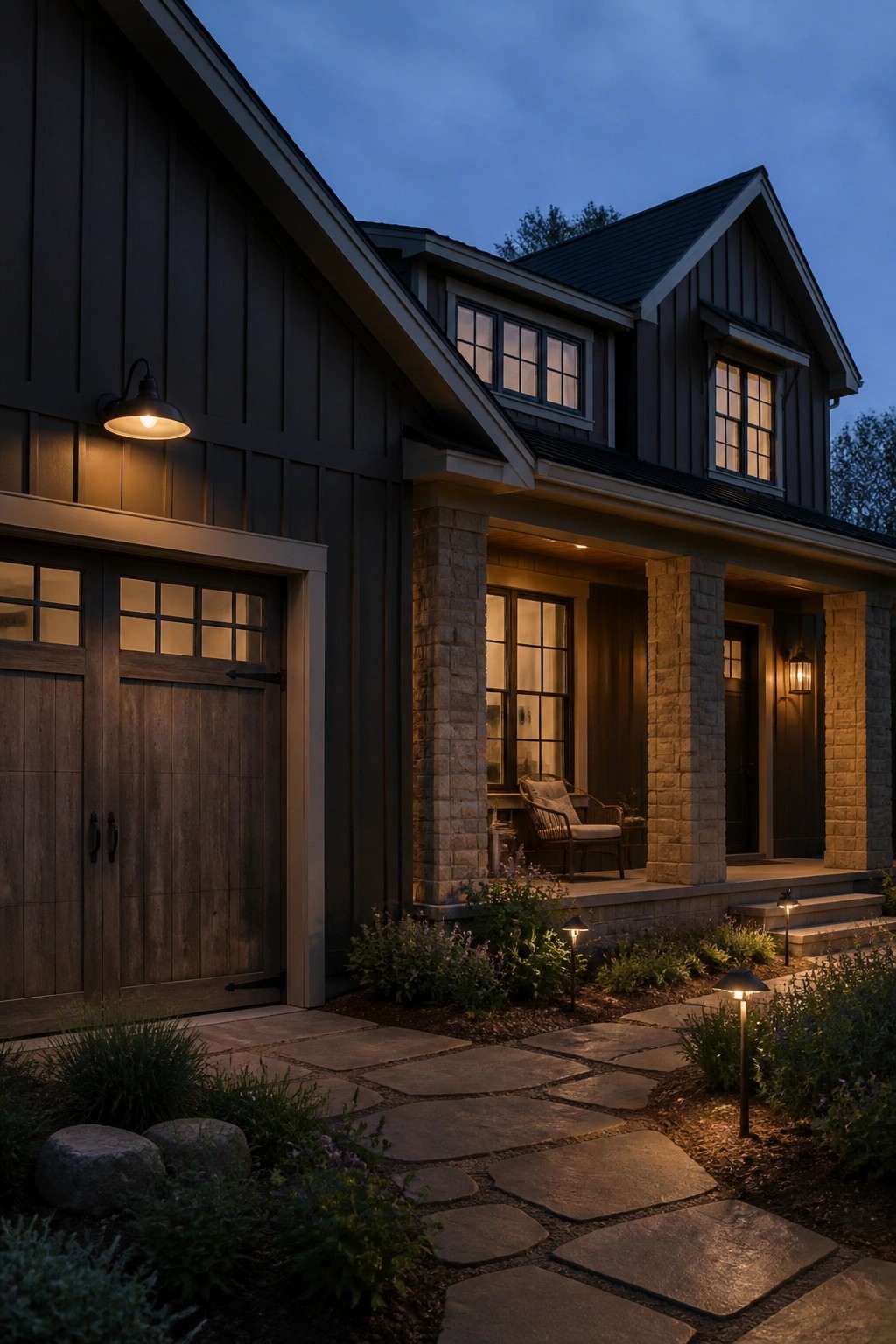 Farmhouse exterior with dark charcoal gray siding and stone columns.