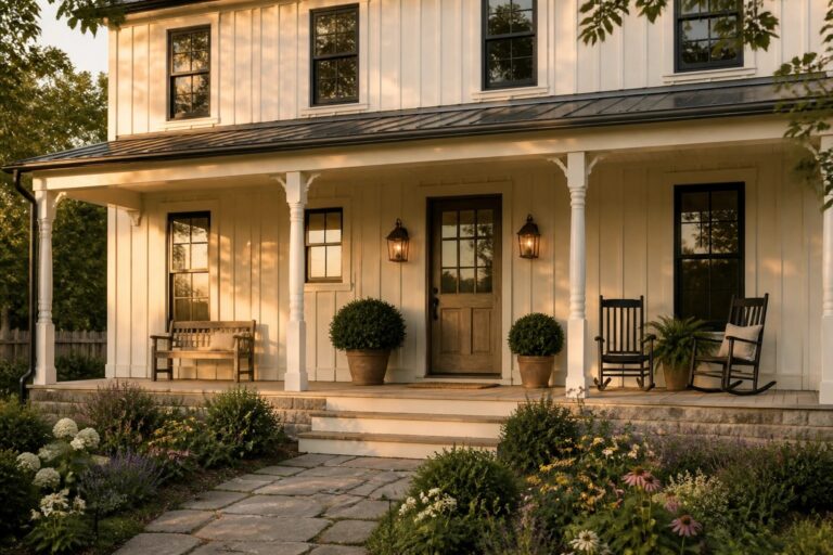 White siding covers the exterior of this farmhouse with black-framed windows and a wooden door.