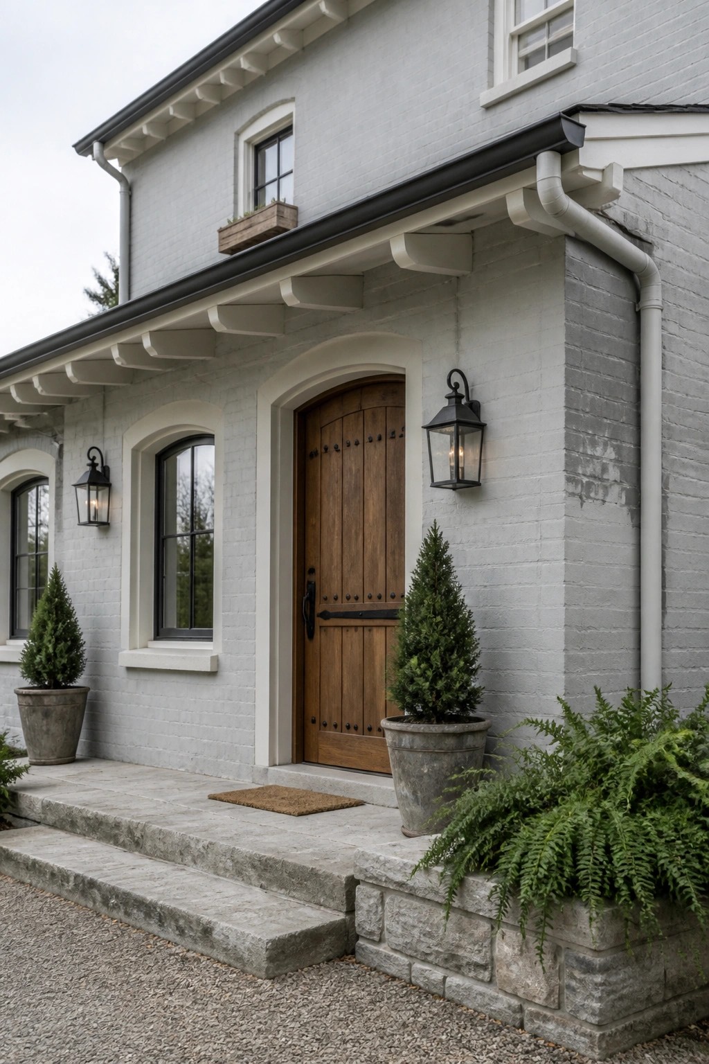 Light gray painted brick siding on a farmhouse exterior.