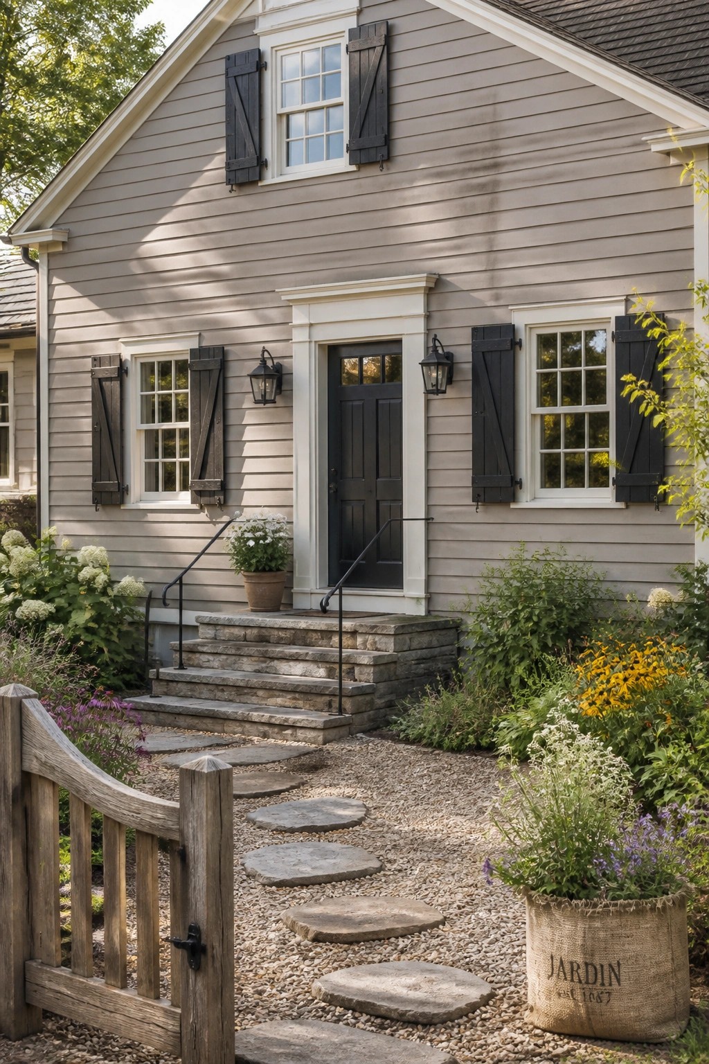 Light greige siding on a farmhouse exterior with stone steps and a gravel path.