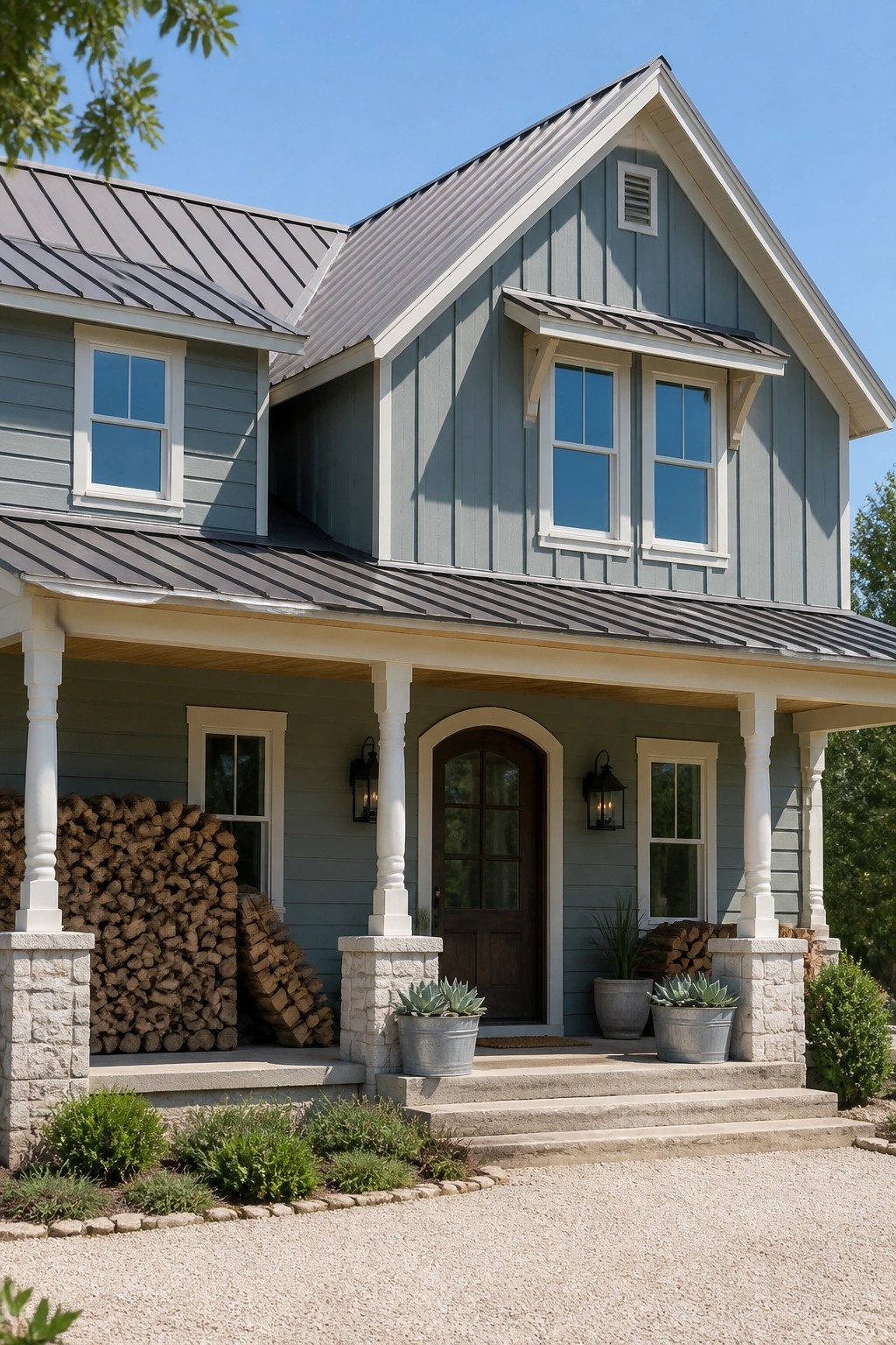 Farmhouse exterior with soft blue gray siding and white trim.