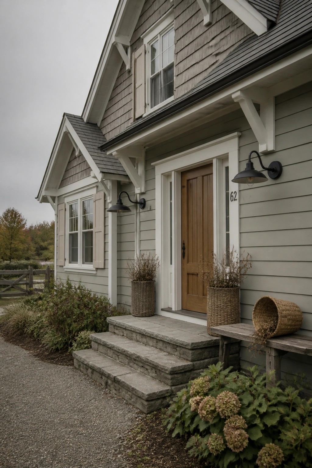 Farmhouse exterior with muted sage gray siding and white trim.