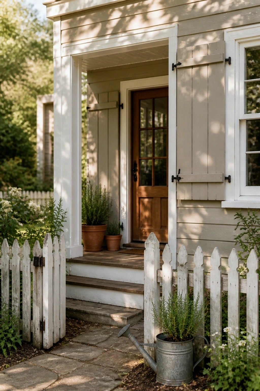 Cottage entrance with open wooden door, white picket fence, potted plants, and watering can.