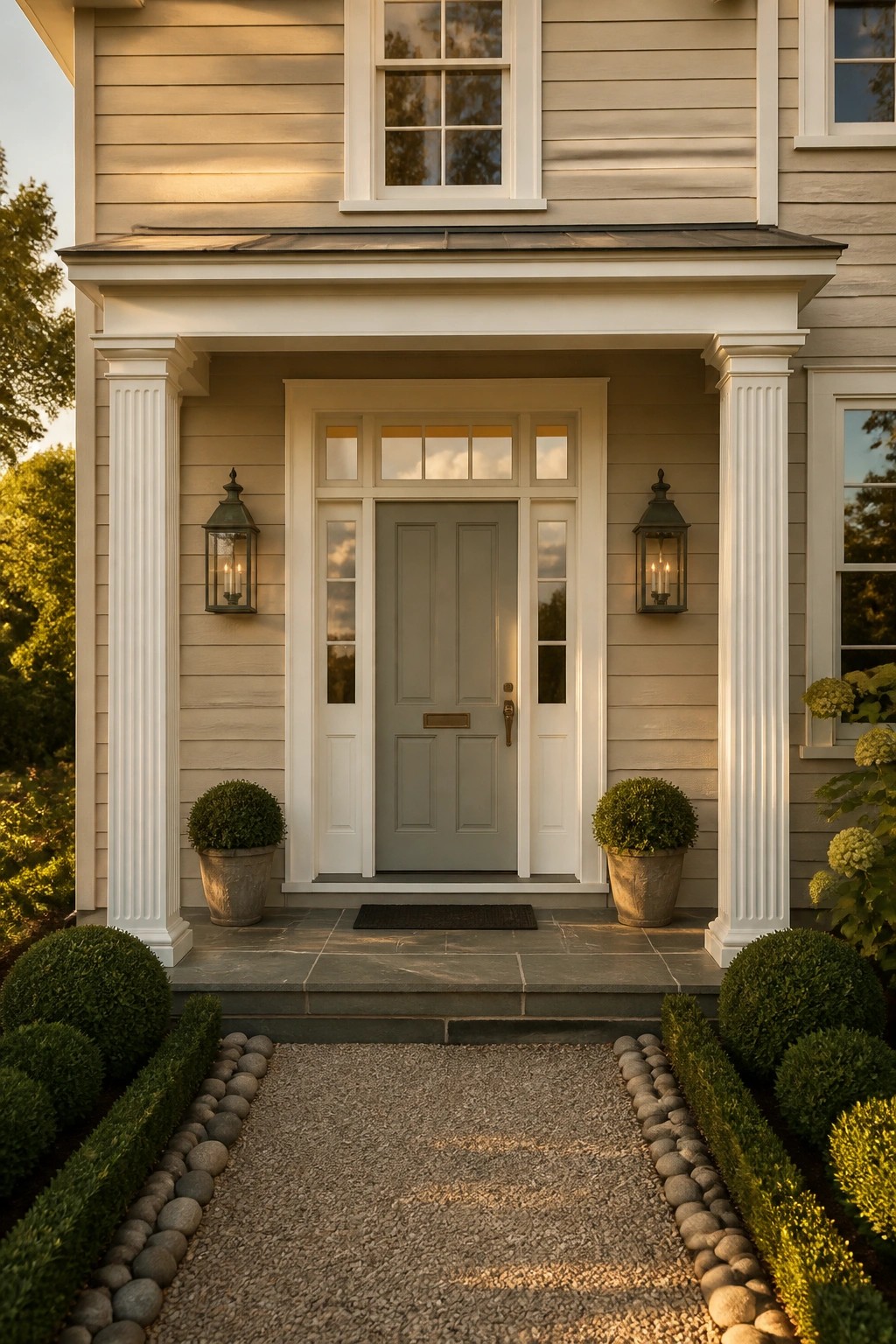 A house exterior painted in soft greige with white trim and columns.