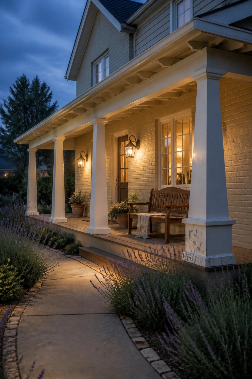 A farmhouse exterior painted in soft greige siding with white columns and trim.