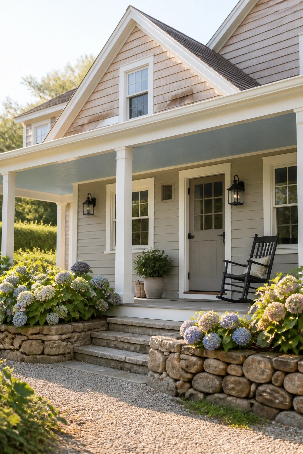 Light greige siding on a farmhouse with white trim and a stone foundation.