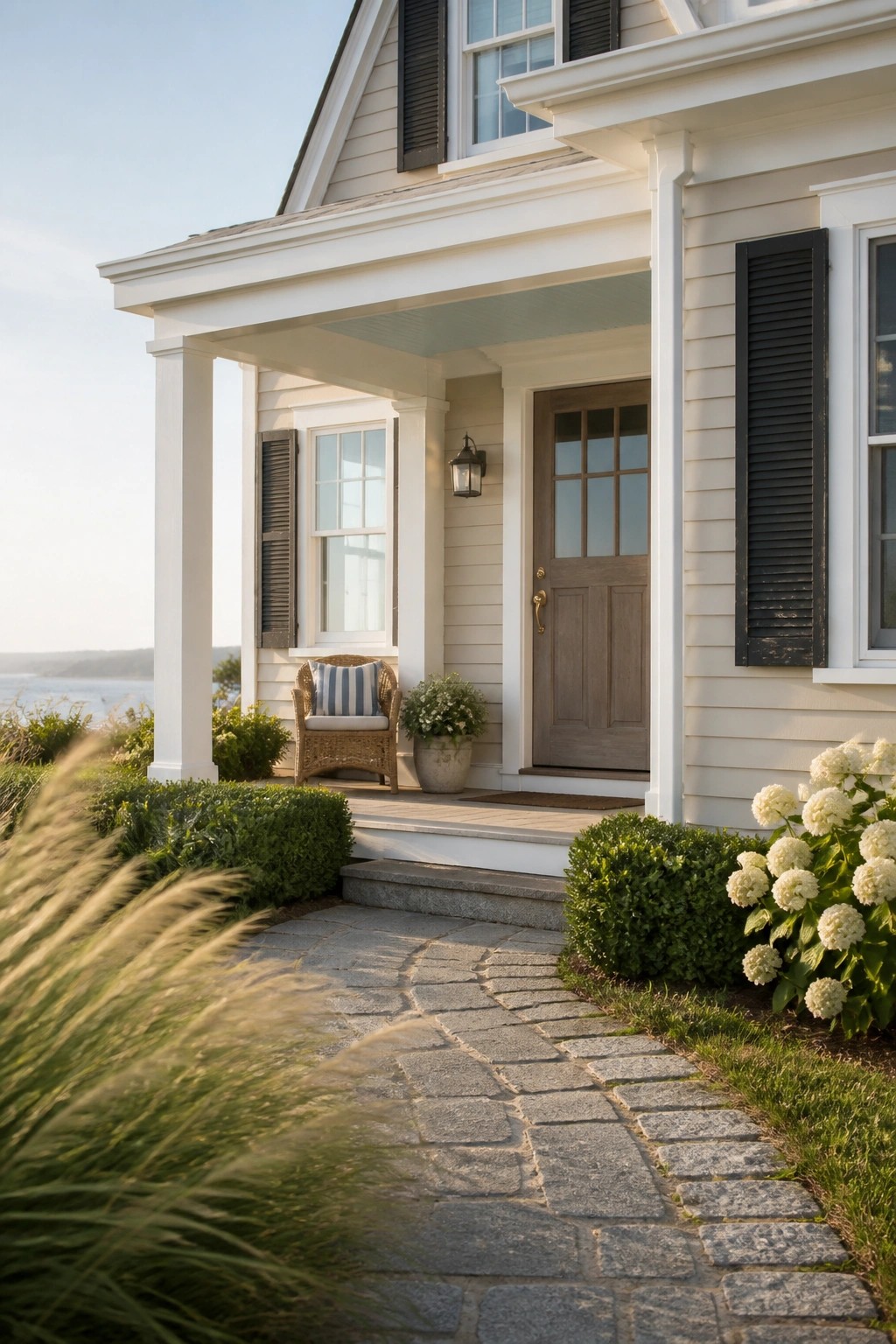 Farmhouse exterior with soft off-white siding along a stone walkway.