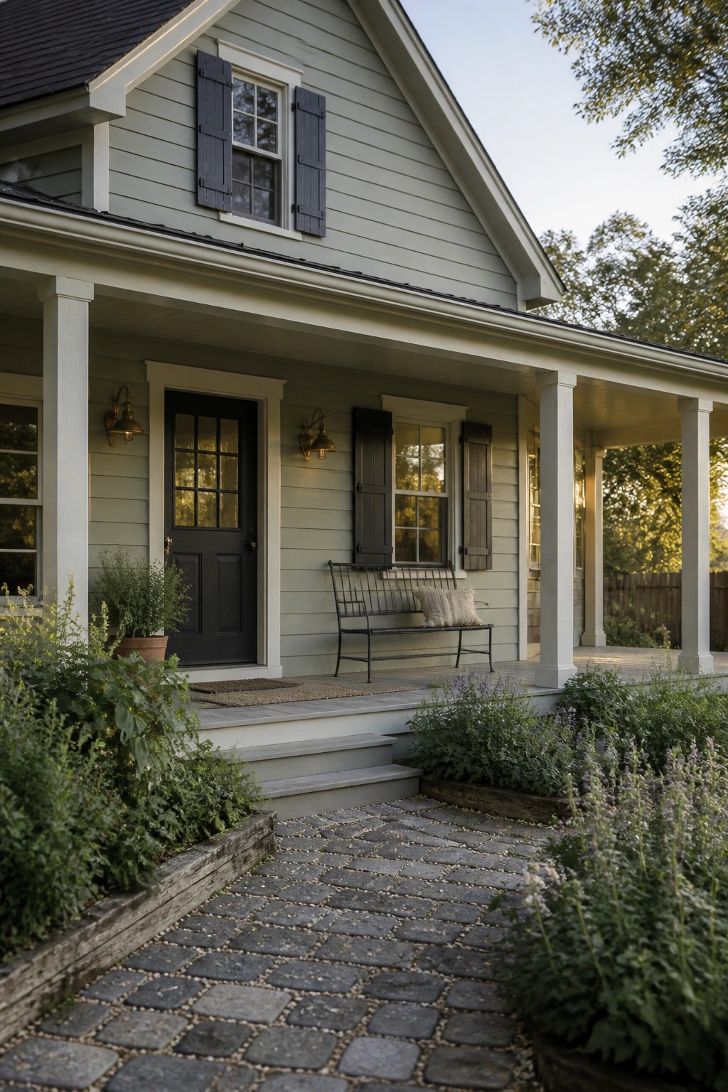 A farmhouse exterior painted in soft sage green siding with a covered porch.