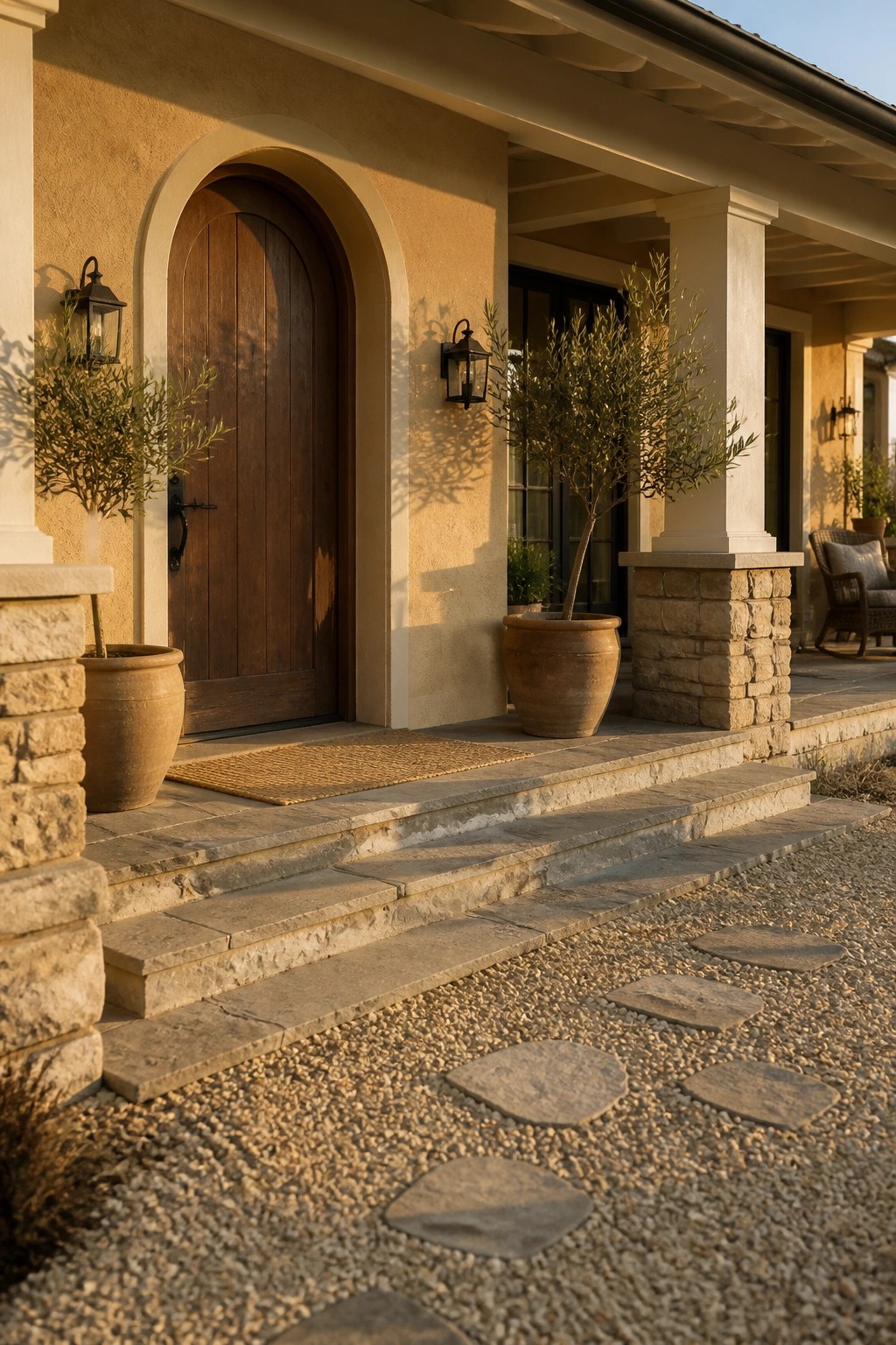 Rustic stucco entrance with arched wooden door, stone steps, and potted olive trees