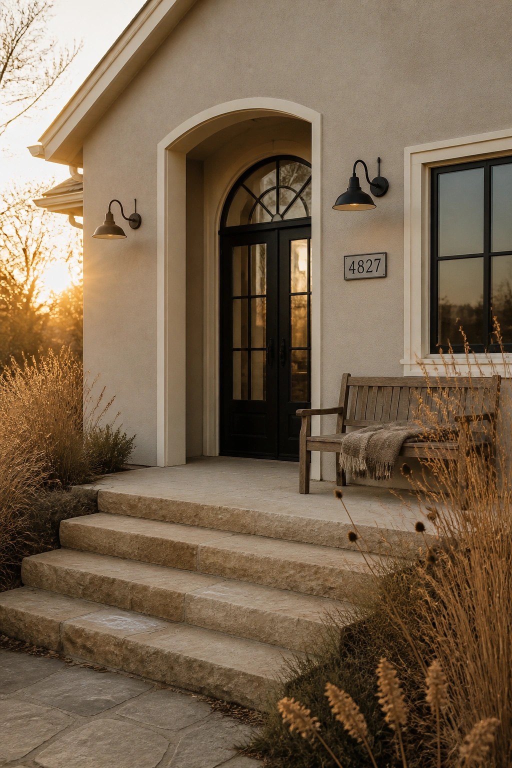 Stone steps to arched black doors, wooden bench on porch in sunset glow
