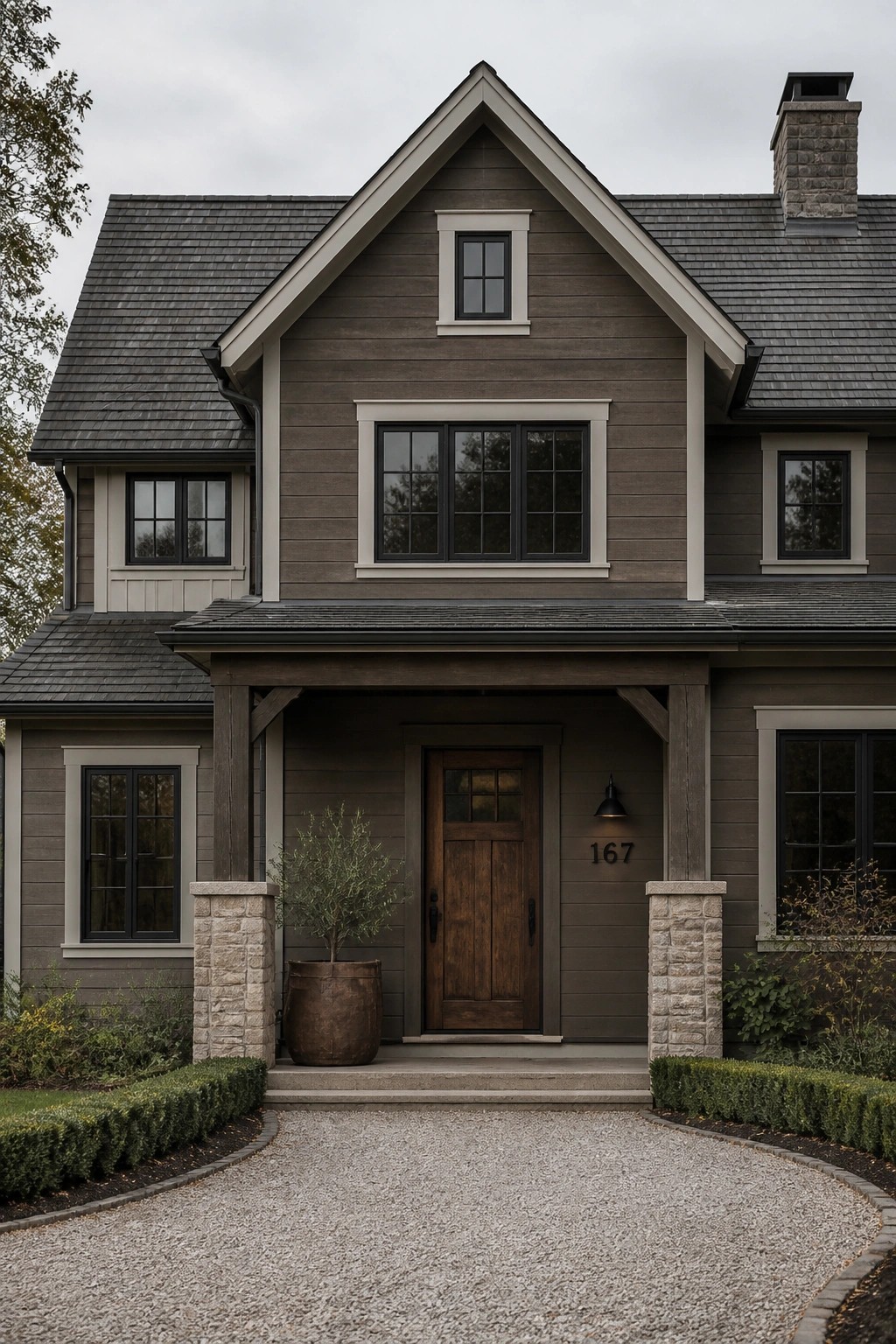 A two-story farmhouse exterior painted in warm greige siding with a front porch.