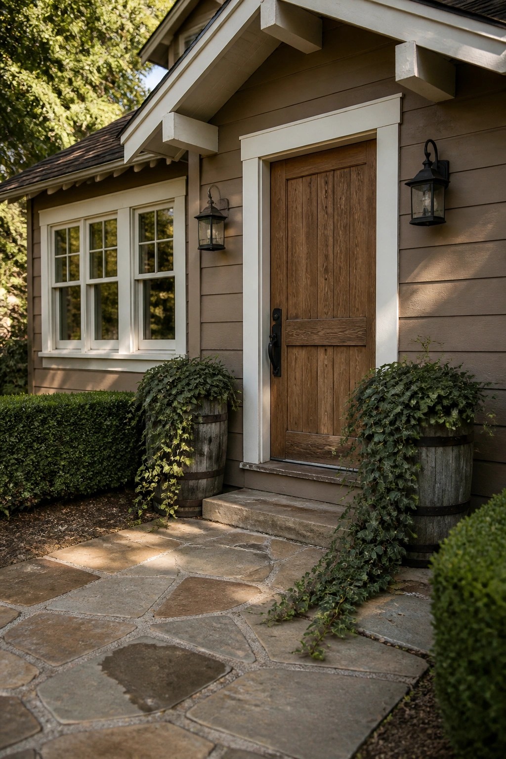 Farmhouse exterior with warm greige siding and white trim.