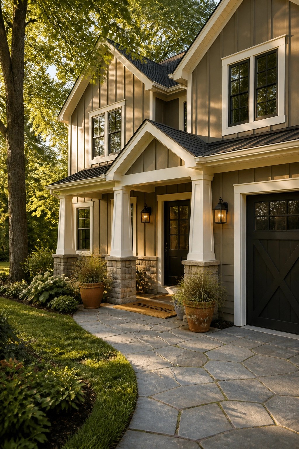 Farmhouse exterior with warm greige siding and white trim.