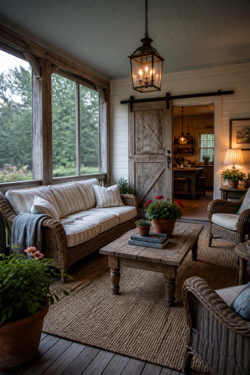 A screened porch with wicker sofa and chairs arranged around a wooden coffee table, an open sliding barn door revealing a kitchen beyond.