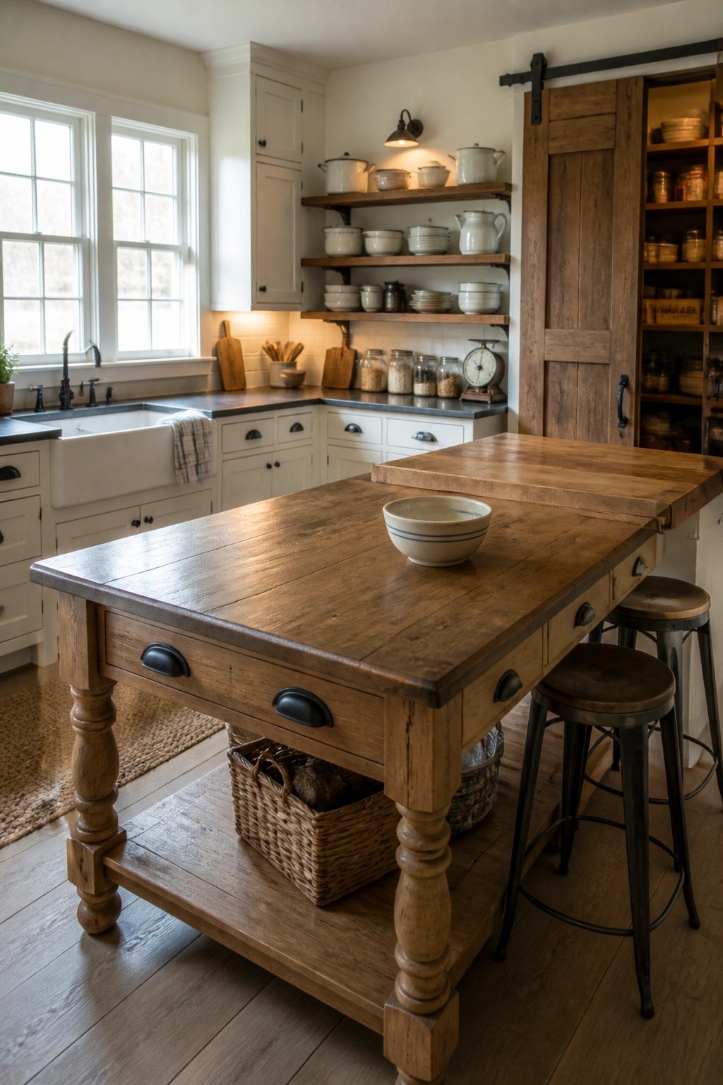 A farmhouse kitchen with a large wooden island, two metal stools, white cabinets, open shelving, a farmhouse sink, and a sliding barn door.