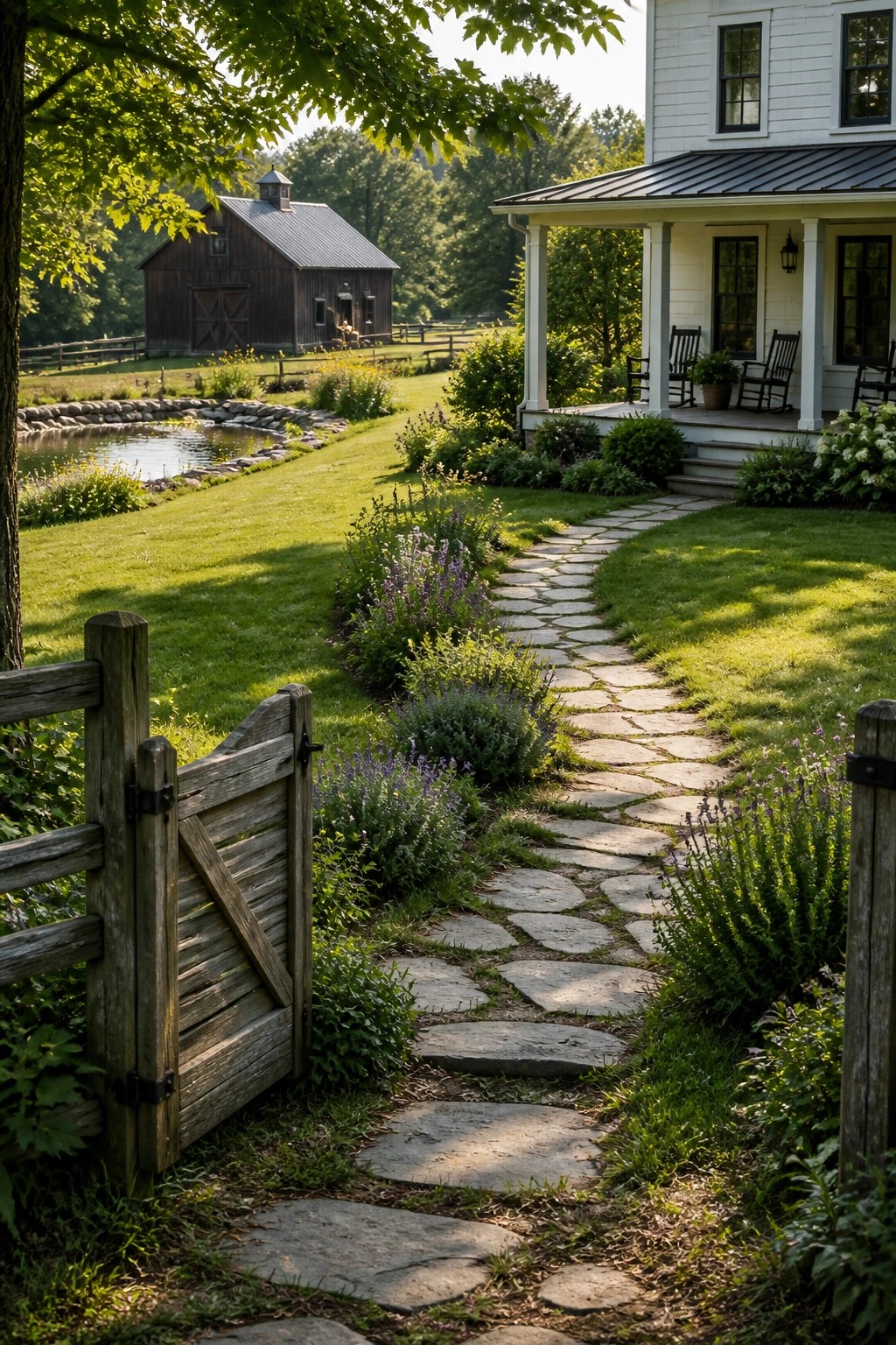 A winding stone path leads through garden beds and a wooden gate toward a white farmhouse with a barn in the background.