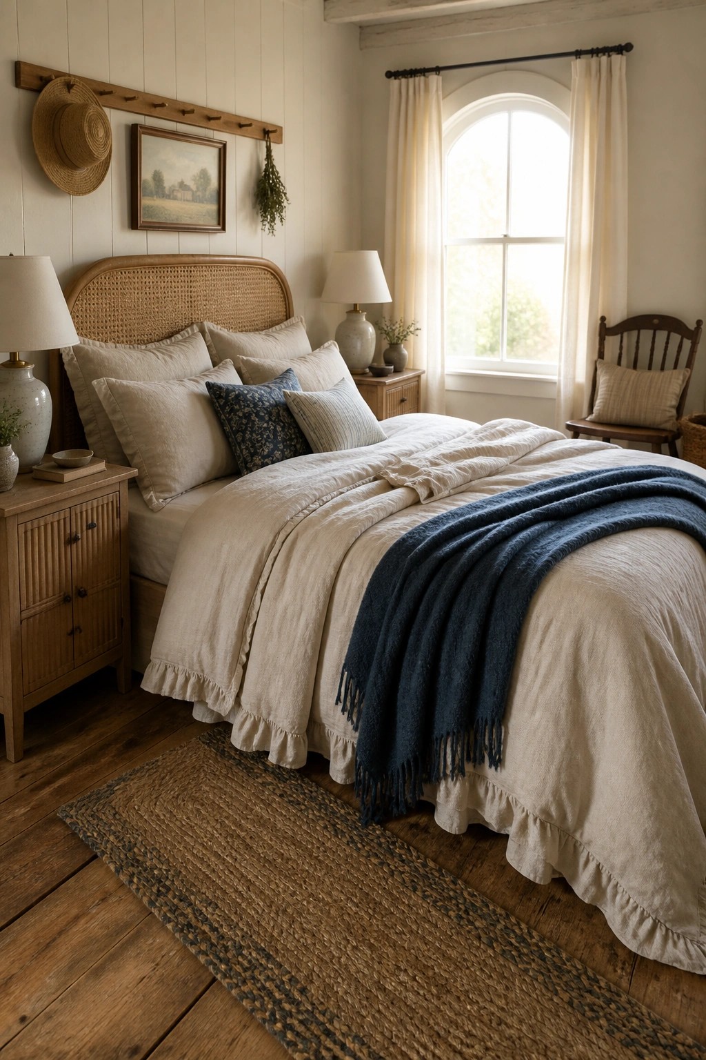 Cozy farmhouse bedroom with cane headboard, beige linens, blue throw, and woven rug.