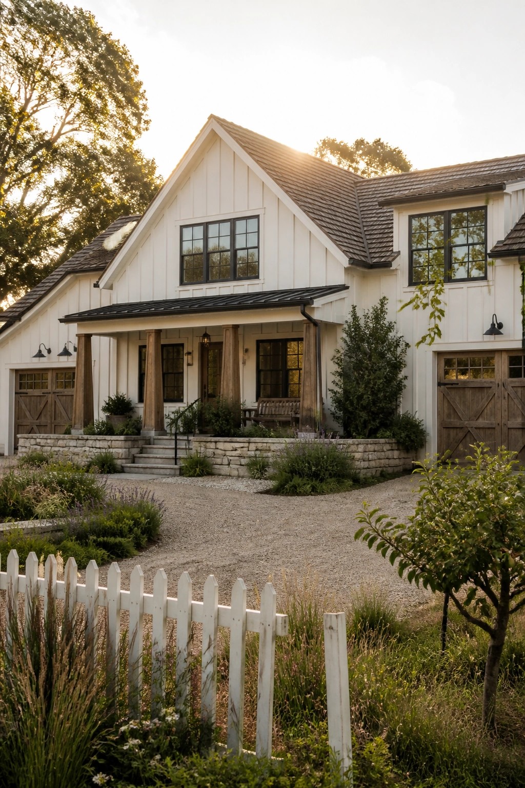 White farmhouse with porch, stone walls, gravel driveway, and white picket fence at sunset