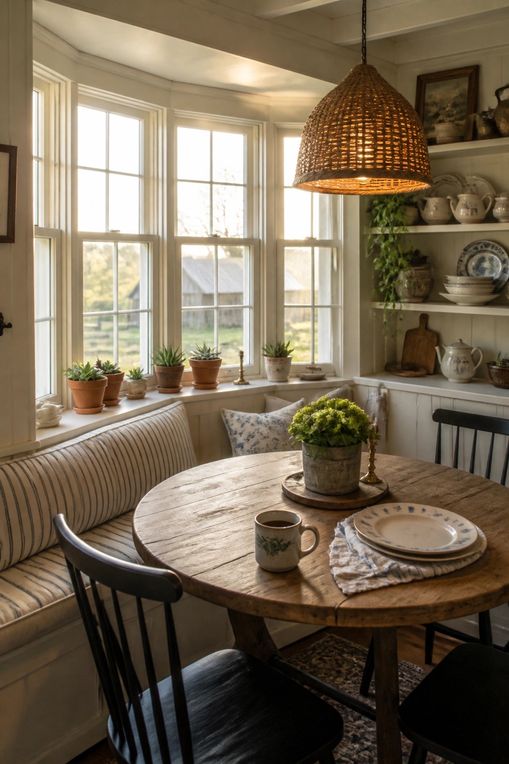 A farmhouse dining nook with a round wooden table, black chairs, a striped built-in bench under multi-paned windows lined with potted plants, and open shelving holding dishes on the right wall.